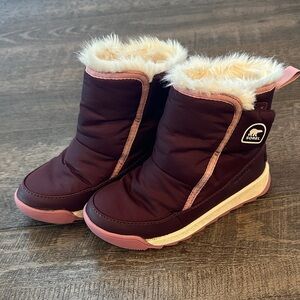 Sorel Burgundy and Pink Kids' Boots with Faux Fur